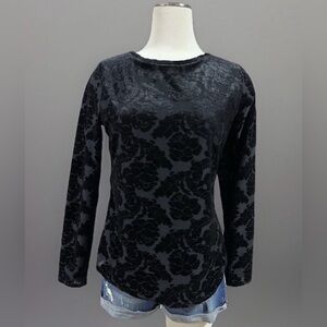 Sundance Floral Velvet Burnout Stretch Lined Long Sleeves Top in Black Medium